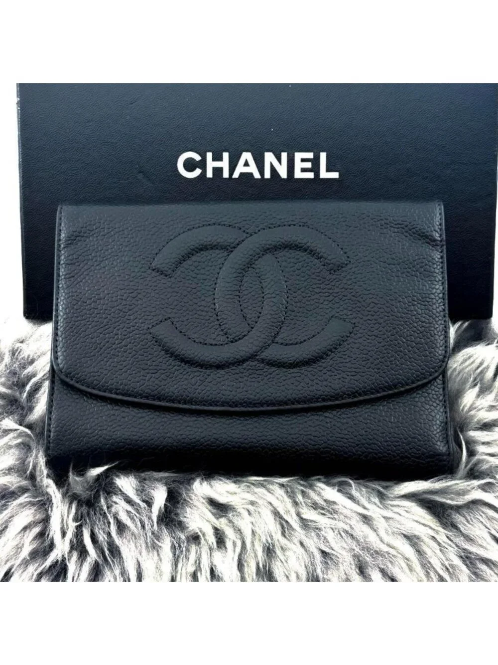 Chanel Wallet Jumbo CC Logo Caviar Trifold Round Charm Black